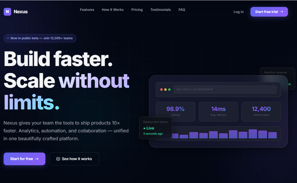 Nexus — Modern Dark SaaS Landing Page HTML Template